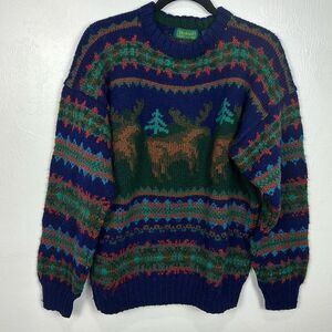 Byford Knitted By Hand Vintage Wool Moose Pattern Pullover Sweater Size L